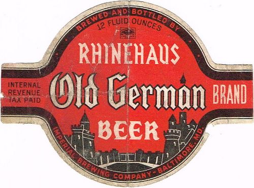 1934 Rheinhaus Old German Beer 12oz ES75-02 Label Baltimore Maryland