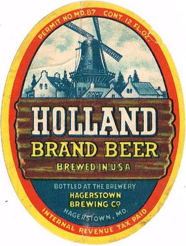 1933 Holland Brand Beer 12oz ES81-22 Label Hagerstown Maryland