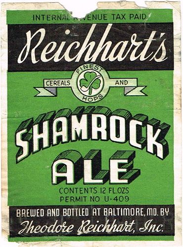 1933 Reichhart's Shamrock Ale 12oz ES75-06 Label Baltimore Maryland