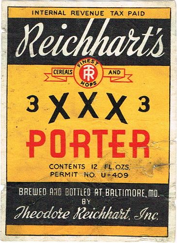 1933 Reichhart's 3 XXX Porter 12oz ES75-05 Label Baltimore Maryland