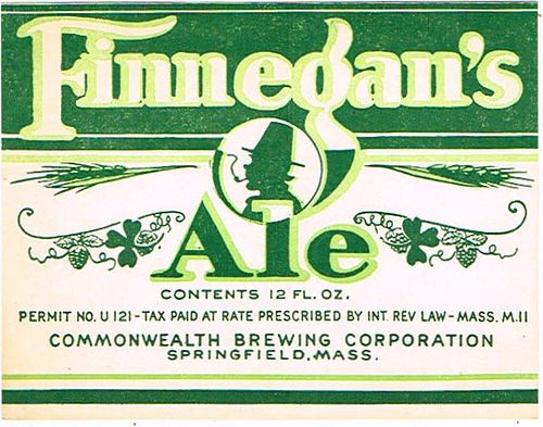 1933 Finnegan's Ale 12oz ES68-04 Label Springfield Massachusetts