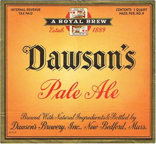 1937 Dawson's Pale Ale 32oz One Quart ES64-23 Label New Bedford Massachusetts
