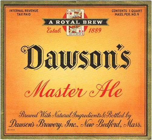 1939 Dawson's Master Ale 32oz One Quart ES64-25 Label New Bedford Massachusetts
