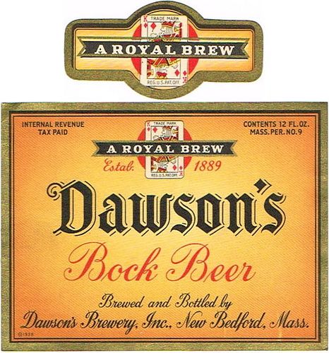 1939 Dawson's Bock Beer 12oz ES65-03 Label New Bedford Massachusetts