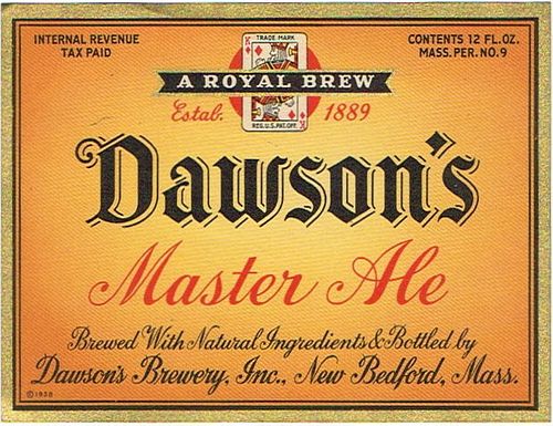 1939 Dawson's Master Ale 12oz ES64-25 Label New Bedford Massachusetts