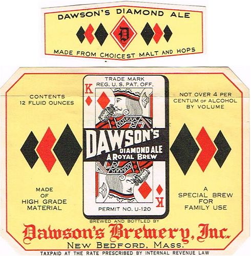 1933 Dawson's Diamond Ale 12oz ES64-12 Label New Bedford Massachusetts