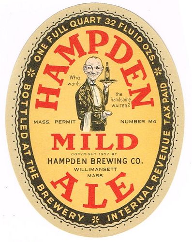 1937 Hampden Mild Ale 32oz One Quart ES69-10 Label Willimansett Massachusetts