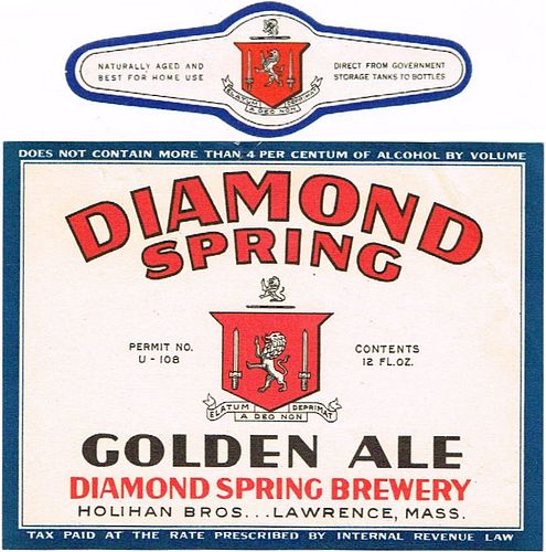 1933 Diamond Spring Golden Ale 12oz ES59-25 Label Lawrence Massachusetts