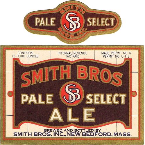 1935 Smith Bros. Pale Select Ale 12oz ES66-01 Label New Bedford Massachusetts