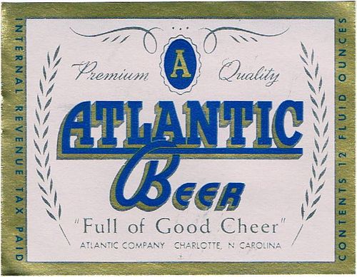 1948 Atlantic Premium Beer 12oz ES82-10 Label Charlotte North Carolina