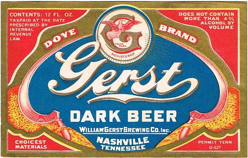 1933 Gerst Dark Beer 12oz ES119-24 Label Nashville Tennessee