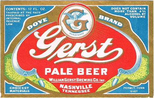 1962 Gerst Pale Beer 12oz ES119-25 Label Nashville Tennessee