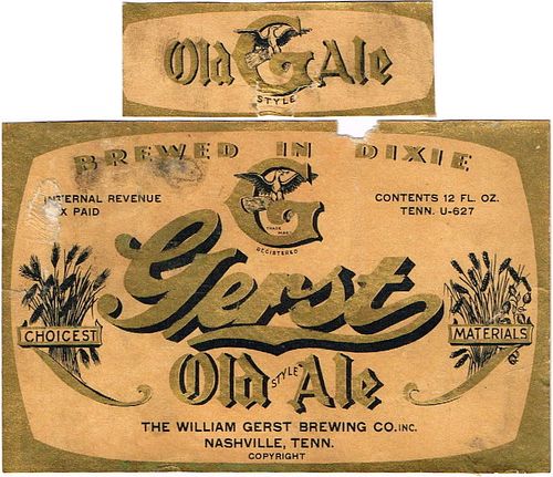 1933 Gerst Old Style Ale 12oz ES120-07 Label Nashville Tennessee