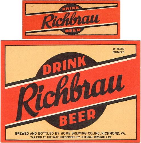 1934 Richbrau Beer 12oz ES124-07 Label Richmond Virginia