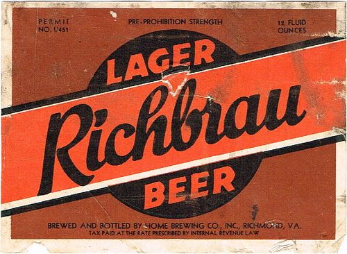 1935 Richbrau Lager Beer 12oz ES124-09 Label Richmond Virginia