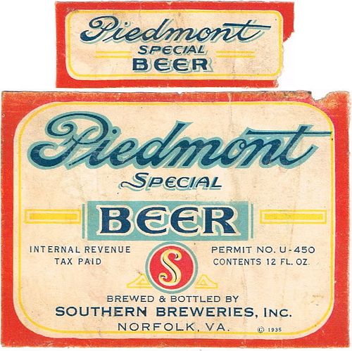 1935 Piedmont Special Beer 12oz ES122-18 Label Norfolk Virginia