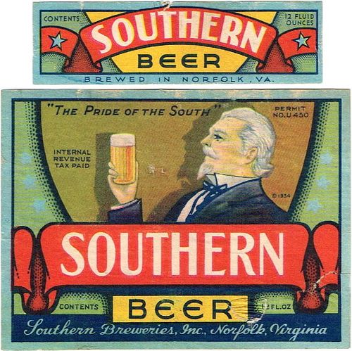 1938 Southern Beer 12oz ES122-12V Label Norfolk Virginia