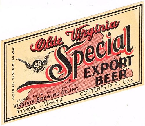 1940 Olde Virginia Special Export Beer 12oz ES125-07 Label Roanoke Virginia