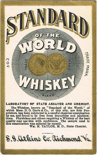 1905 S S Atkins Standard of the World Whiskey Label Richmond Virginia