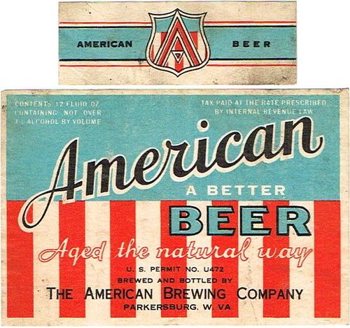 1934 American Beer 12oz ES128-20 Label Parkersburg West Virginia