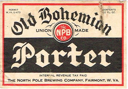 1934 Old Bohemian Porter 12oz ES127-08 Label Fairmont West Virginia