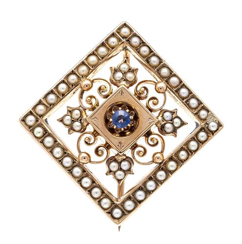 Sapphire river pearl brooch RG 333/000 around 1900 with a faceted sapphire and river pearls 1 mm, l.