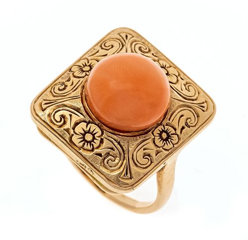 Coral ring RG 585/000 with a round coral cabochon 10.3 mm, ring head with fine floral chasing, RG