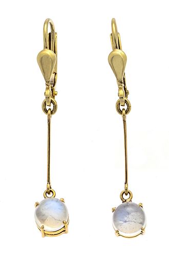 Moonstone earrings GG 585/000 with 2 round moonstone cabochons 5 mm, l. 35 mm, 1,8 g