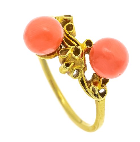 Coral ring GG 585/000 with two bouton-shaped coral beads 6,5 mm, RG 54, 2,6 g