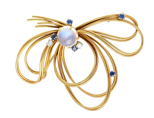 Fa. Kern bow brooch RG 750/000 with a round moonstone cabochon 7,9 mm, 5 round faceted iolites 2