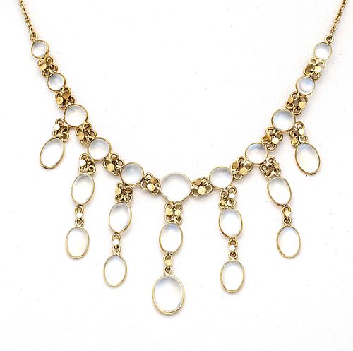 Moonstone necklace GG 585/000 with oval and round moonstone cabochons 8 - 3 mm, lobster clasp, l. 45