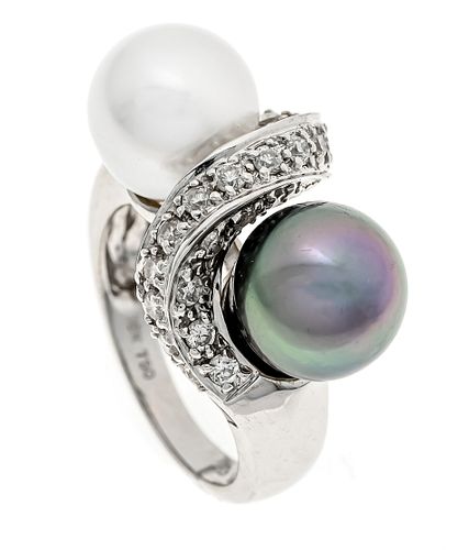 Tahitian-South Sea pearl ring WG 750/000 with one Tahitian and one South Sea cultured pearl 10 mm