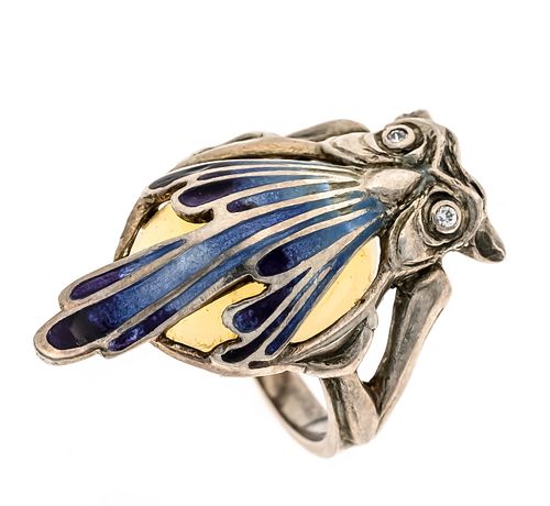 Owl ring silver 925/000 with colorful enamel over an oval gemstone cabochon 17 x 13 mm, white,
