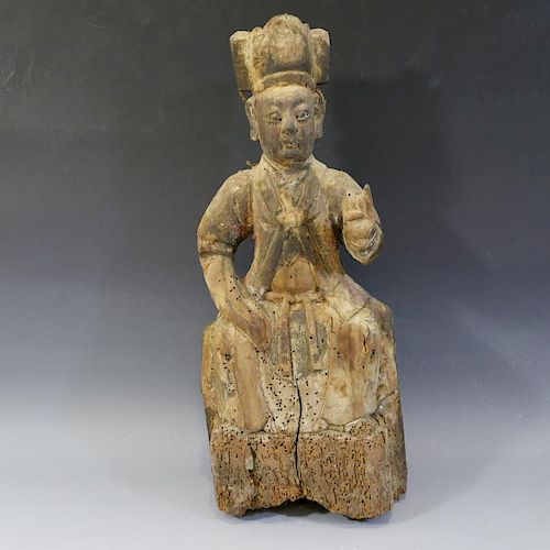 ANTIQUE CHINESE CARVED WOOD DAOIST DEITY FIGURE - MING DYNASTY