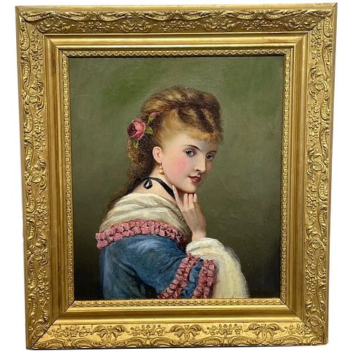PORTRAIT OF A GINGER HAIR ROSE YOUNG LADY OIL PAINTING