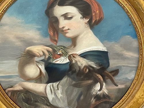 YOUNG WOMAN FEEDING GOAT OIL PAINTING