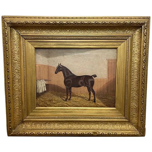 BAY HUNTER HORSE IN STABLE OIL PAINTING