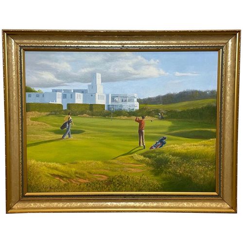 GOLF PLAYERS 18TH GREEN ROYAL BIRKDALE SOUTHPORT OIL PAINTING