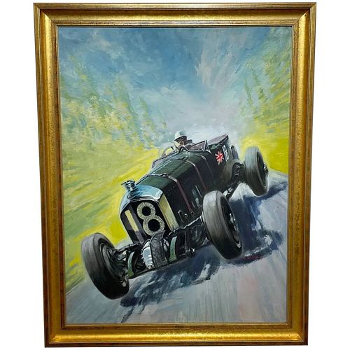 CLASSIC GREEN RACING CAR BENTLEY NO 18 AT 24 HOURS LE MANS OIL PAINTING
