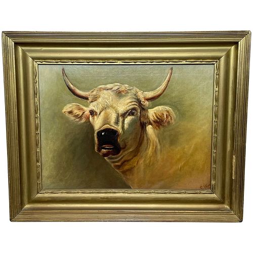 "PRIZED COUNTRY FARM BULL" OIL PAINTING
