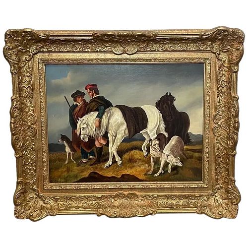 HIGHLANDERS WITH LURCHER DOGS & HORSES OIL PAINTING