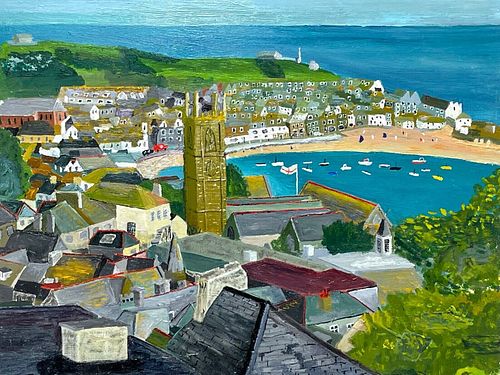 SUNNY ST IVES HARBOUR CORNWALL OIL PAINTING