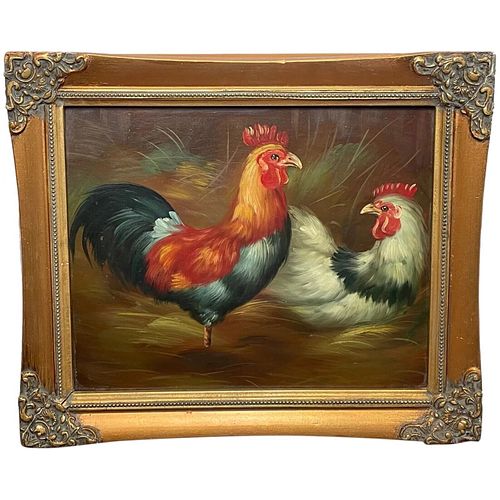 STUDY OF POULTRY COCKEREL & HEN OIL PAINTING