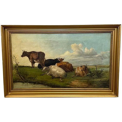 CATTLE IN WATER MEADOW OIL PAINTING