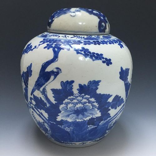 CHINESE BIG ANTIQUE BLUE AND WHITE JAR WITH LID, MARKED KANGXI AND PERIOD