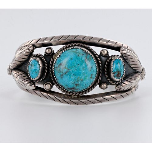Turquoise and Silver Old Pawn Tribal Bracelet