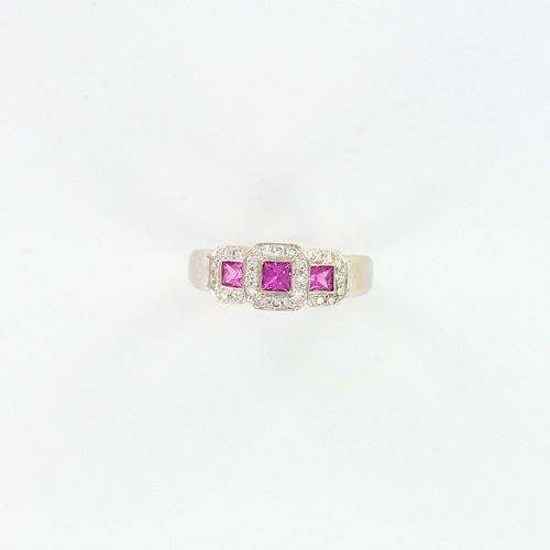 Diamond and Pink Sapphire Triple Mount Ring, 14K