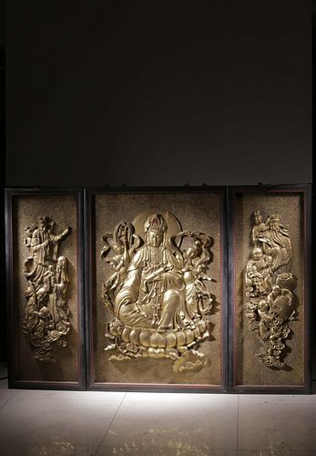 Republican Chinese Lacquer Wood Guanyin Panel