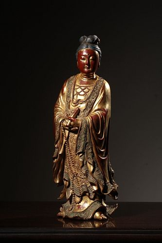 Qing Chinese Lacqure Wood Standing Guanyin