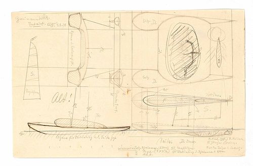Focke, Wilhelm H. 1878 - Bremen - 1974. design drawing for two-man WAR (Zweirumpfsegelboot) 1938.